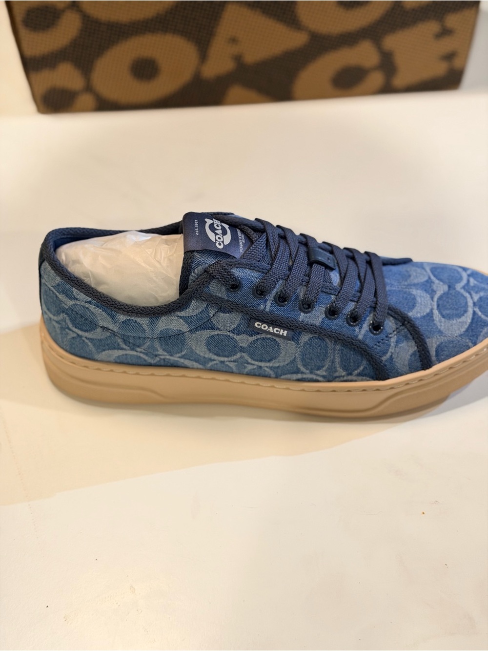 Coach Denim Monogram Low-Top Sneakers in Blue with Tan Sole - Picture 5 of 7